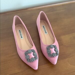 Pink Satin Pointed Flats with Crystal Buckle